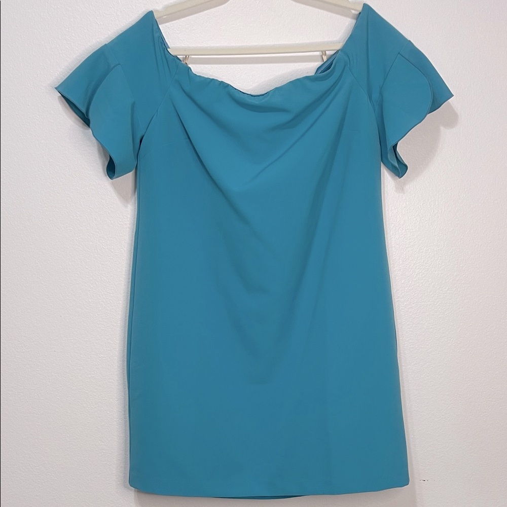 Trina Turk Teal Off-Shoulder Lined Dress Size 12 PTP 20” NWT